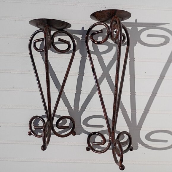 Pair of Wrought Iron Candle Holders Bronze Scroll French Country Candlesticks - Picture 15 of 16